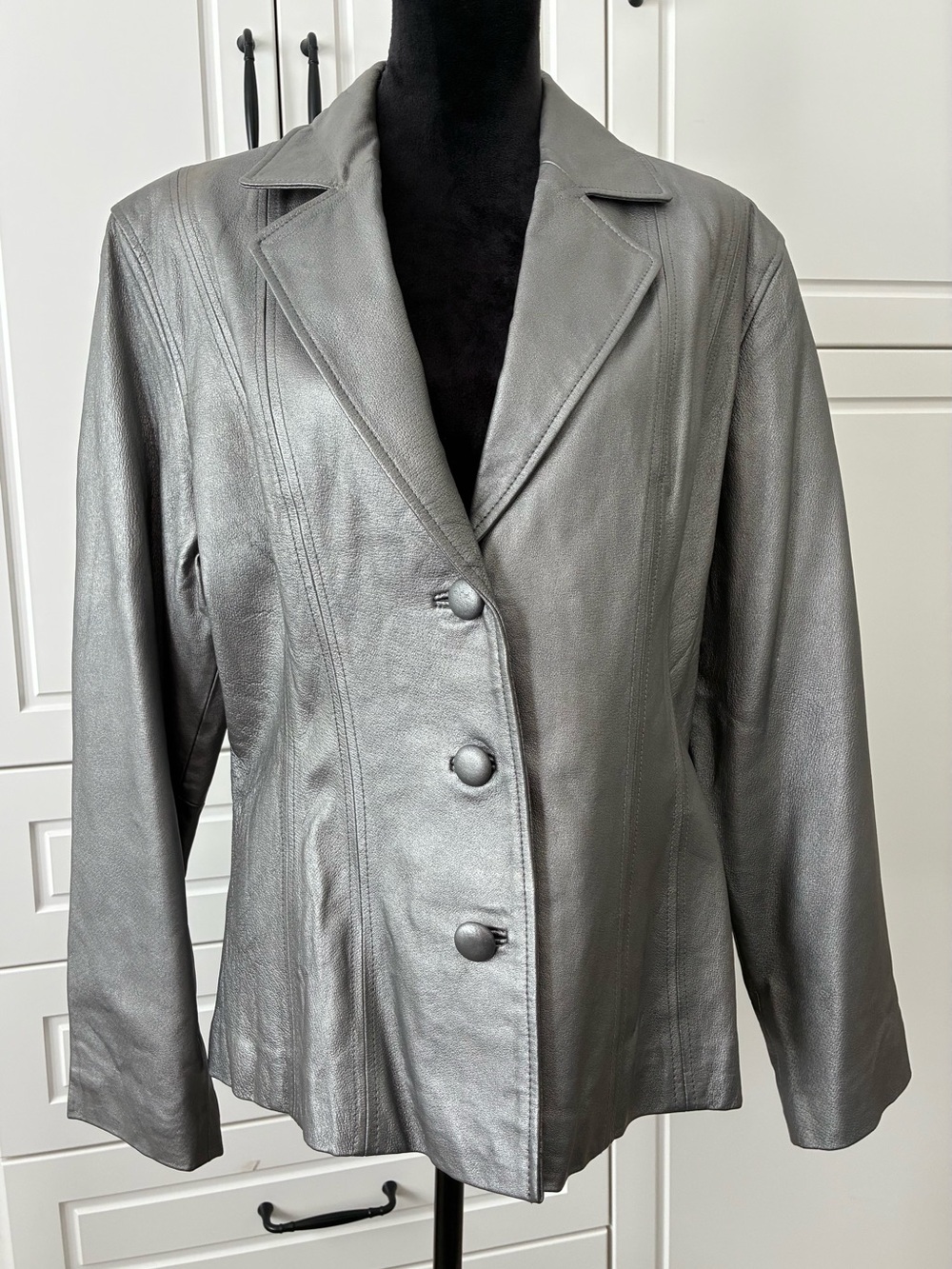 Vintage David Benjamin Metallic Gray Leather Blazer Jacket Size 16 Cool